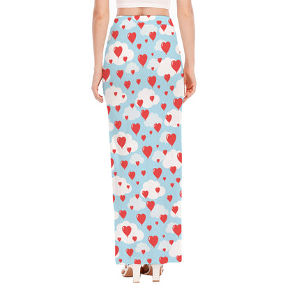 Red Heart Balloon Pattern Print High Slit Maxi Skirt