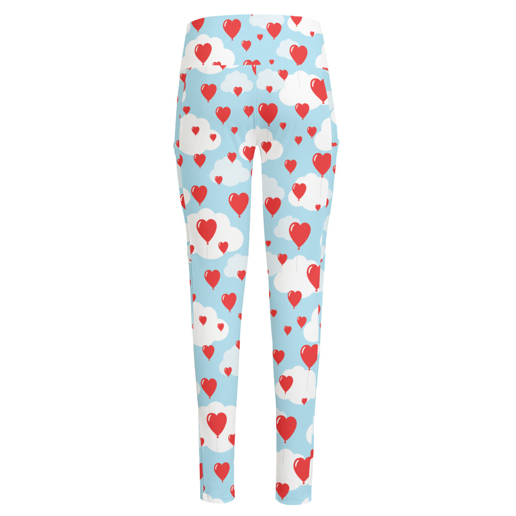 Red Heart Balloon Pattern Print High-Waisted Pocket Leggings