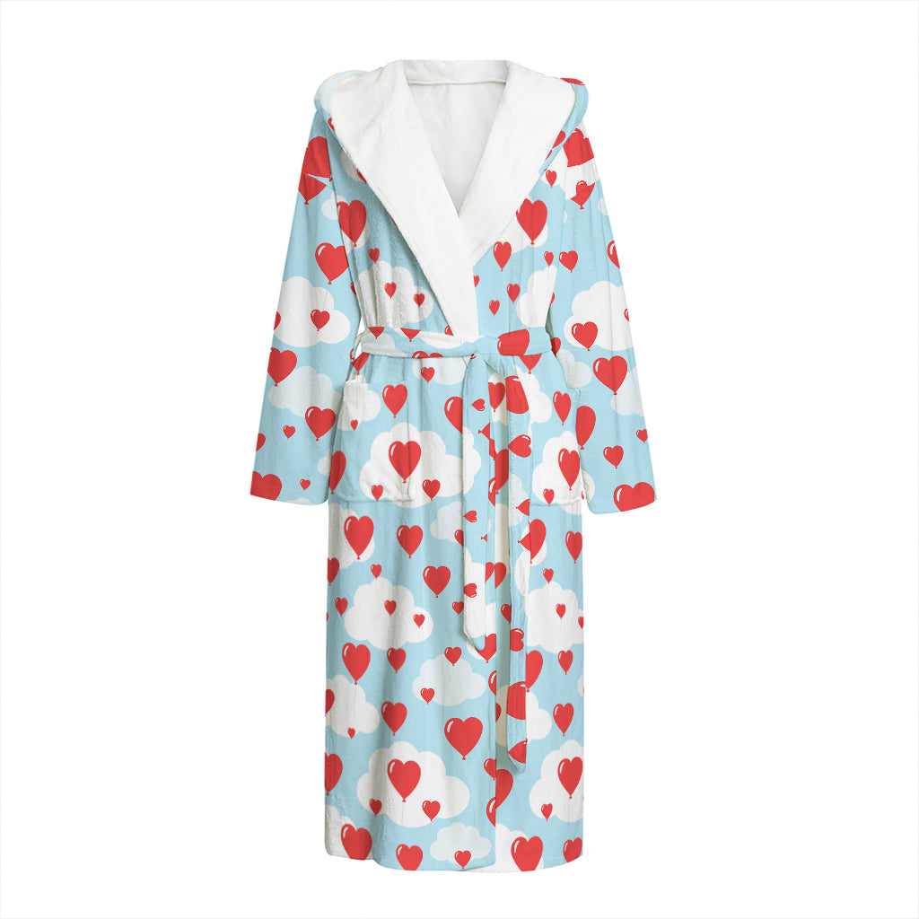 Red Heart Balloon Pattern Print Hooded Bathrobe