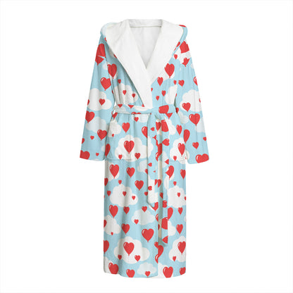 Red Heart Balloon Pattern Print Hooded Bathrobe