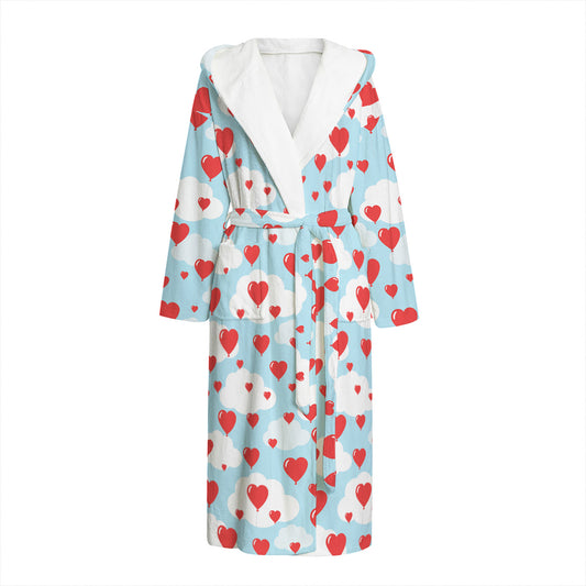 Red Heart Balloon Pattern Print Hooded Bathrobe