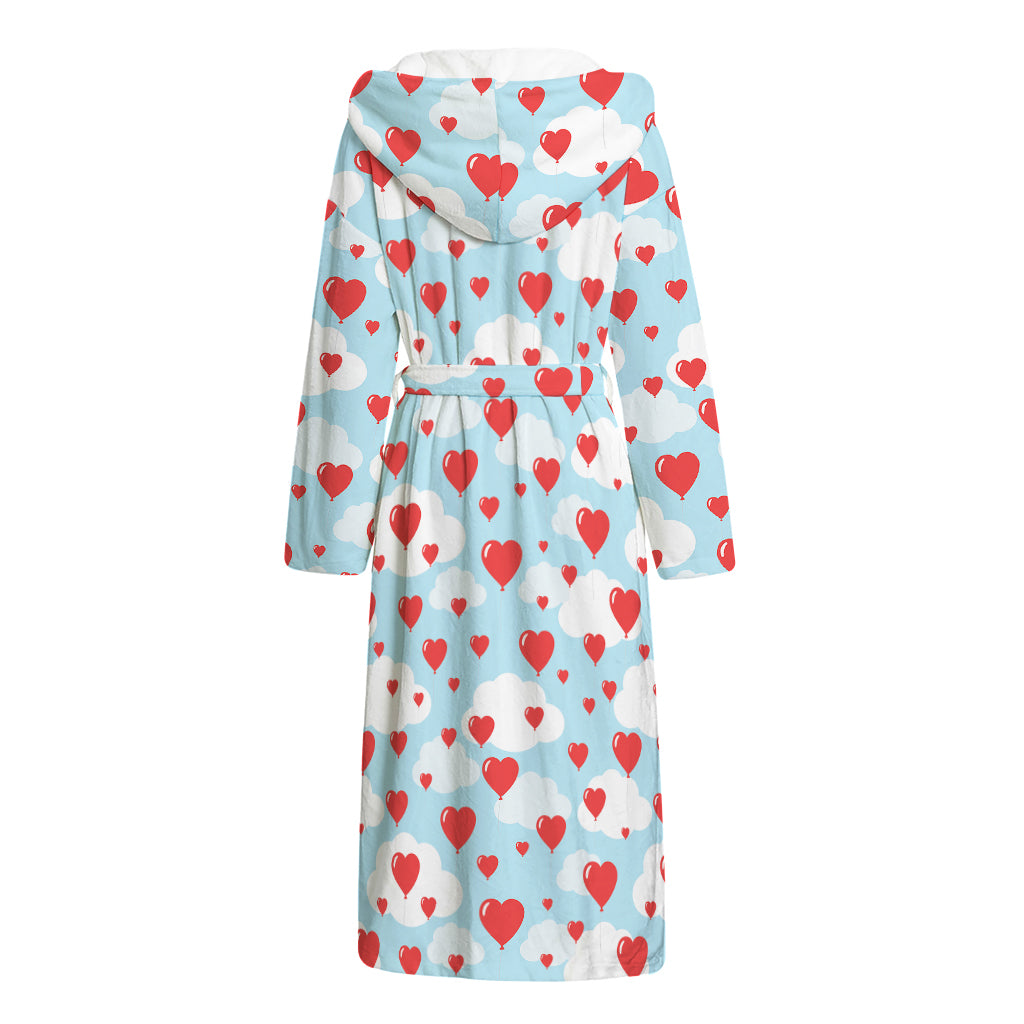Red Heart Balloon Pattern Print Hooded Bathrobe