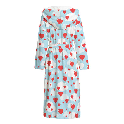 Red Heart Balloon Pattern Print Hooded Bathrobe