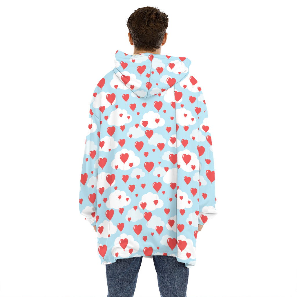 Red Heart Balloon Pattern Print Hoodie Blanket