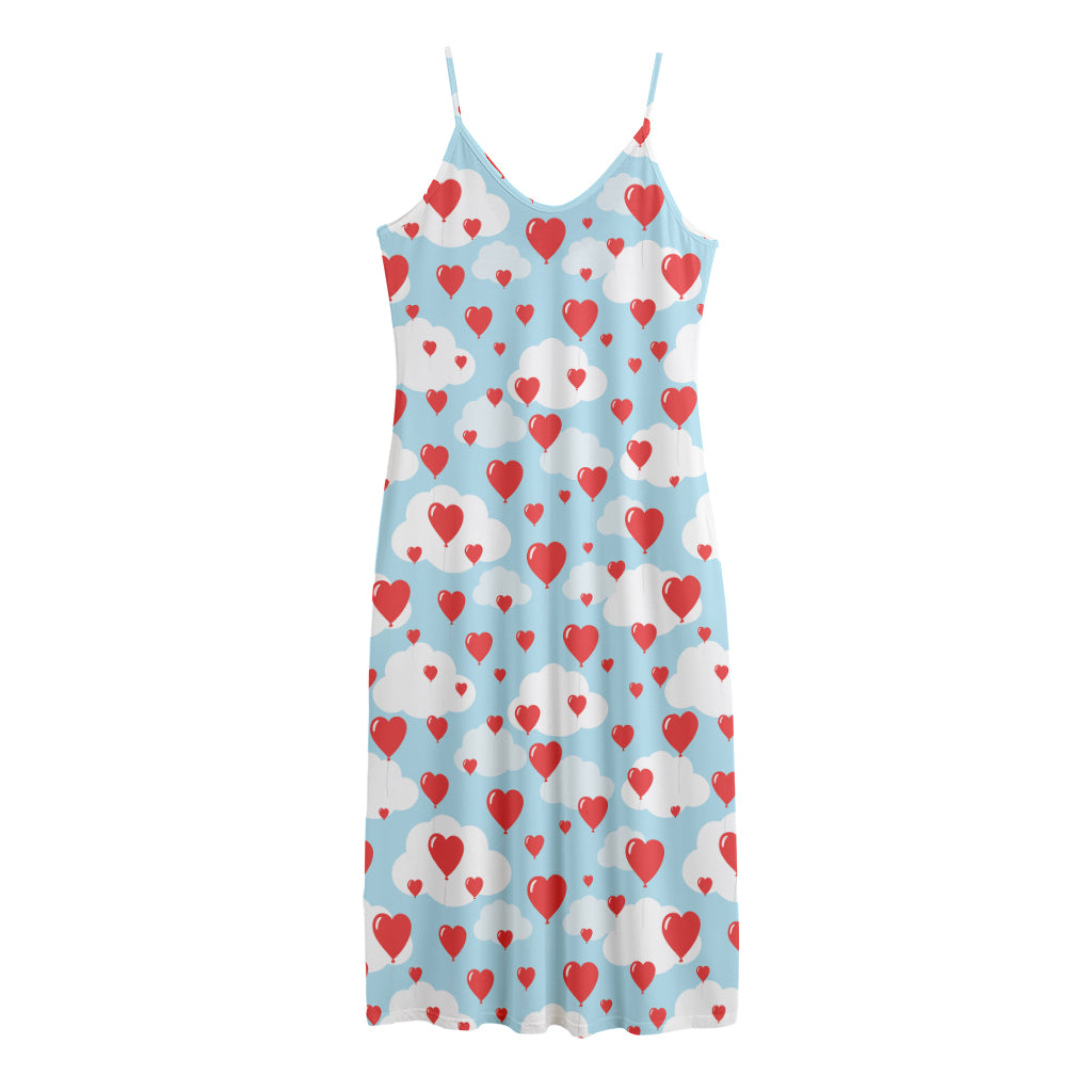 Red Heart Balloon Pattern Print Jersey Midi Cami Dress