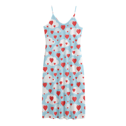 Red Heart Balloon Pattern Print Jersey Midi Cami Dress