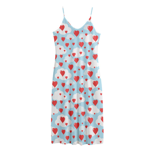 Red Heart Balloon Pattern Print Jersey Midi Cami Dress