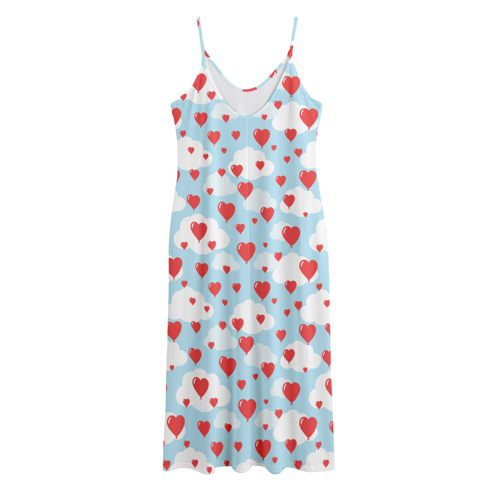 Red Heart Balloon Pattern Print Jersey Midi Cami Dress
