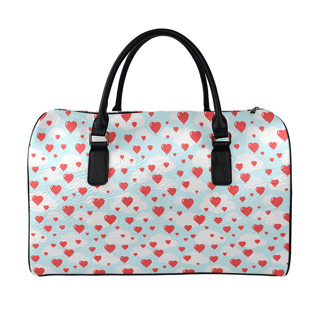 Red Heart Balloon Pattern Print Leather Duffle Bag