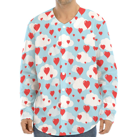 Red Heart Balloon Pattern Print Long Sleeve Baseball Jersey