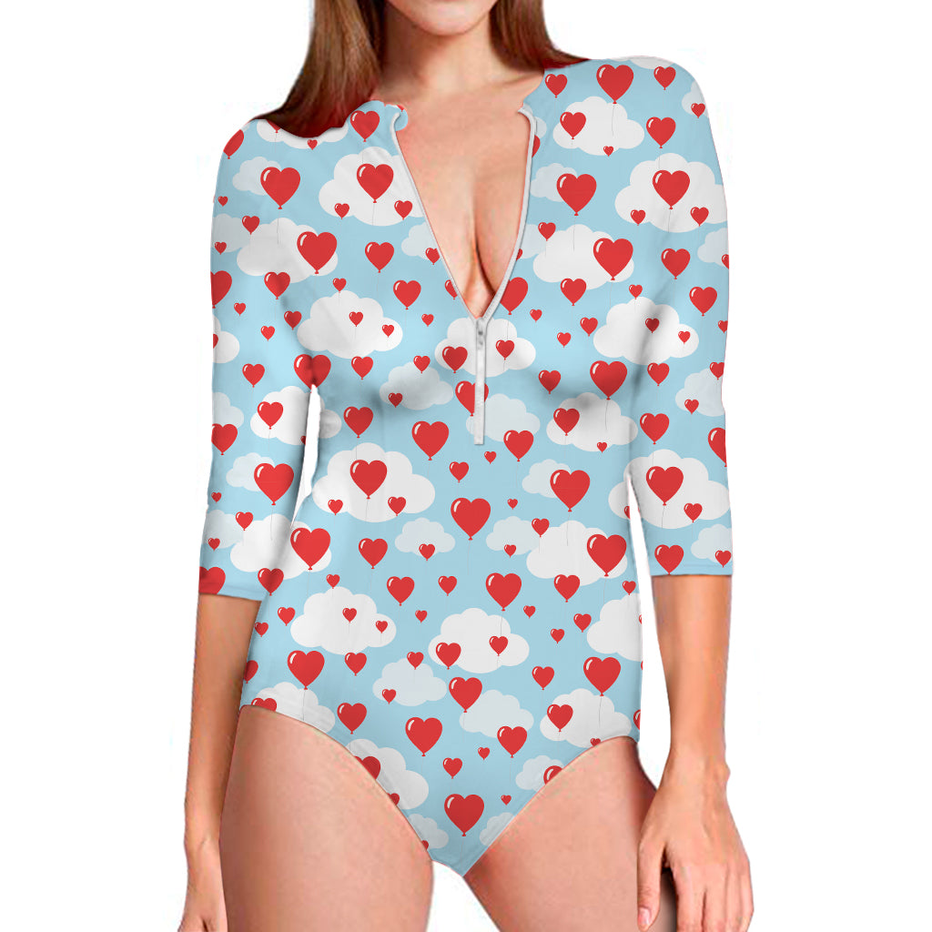 Red Heart Balloon Pattern Print Long Sleeve Swimsuit