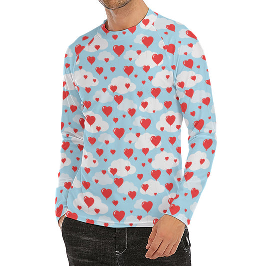 Red Heart Balloon Pattern Print Men's Long Sleeve Rash Guard