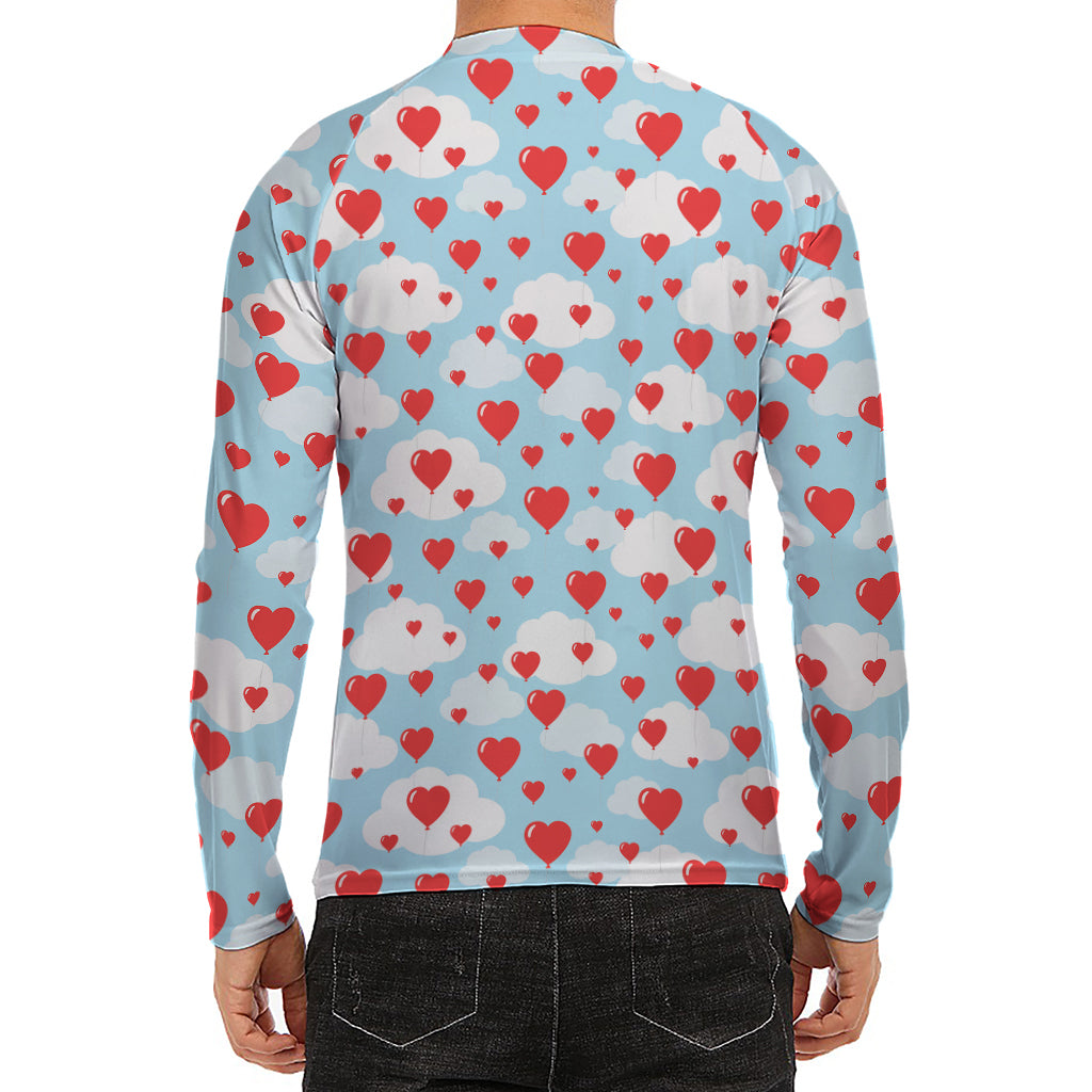 Red Heart Balloon Pattern Print Men's Long Sleeve Rash Guard
