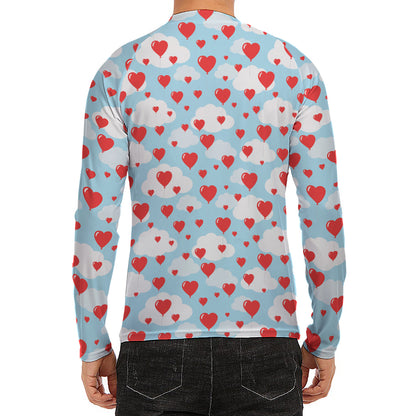 Red Heart Balloon Pattern Print Men's Long Sleeve Rash Guard