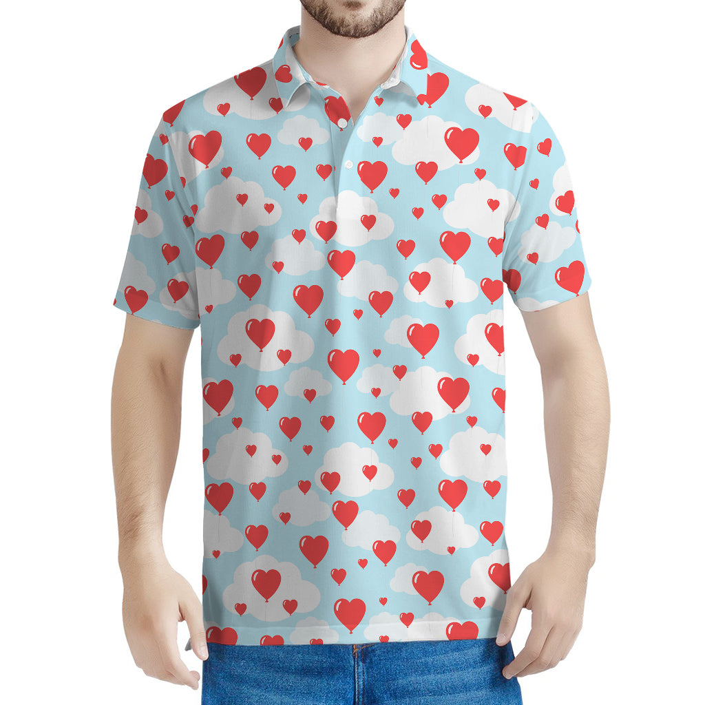 Red Heart Balloon Pattern Print Men's Polo Shirt