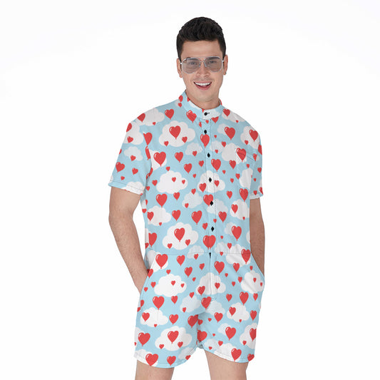 Red Heart Balloon Pattern Print Men's Rompers