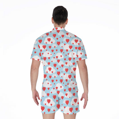 Red Heart Balloon Pattern Print Men's Rompers