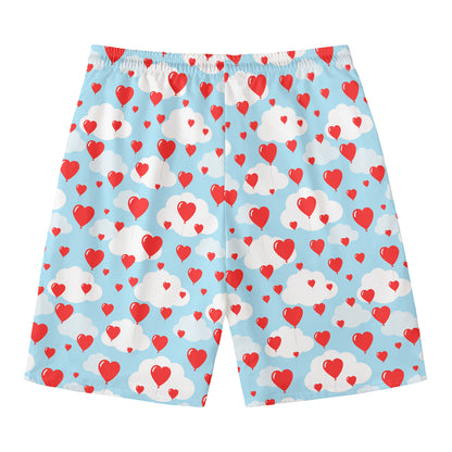 Red Heart Balloon Pattern Print Men's Swim Trunks