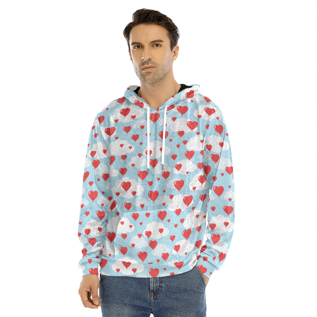 Red Heart Balloon Pattern Print Men's Velvet Pullover Hoodie