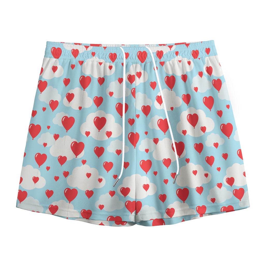 Red Heart Balloon Pattern Print Mesh Shorts