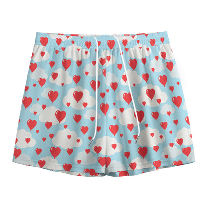 Red Heart Balloon Pattern Print Mesh Shorts