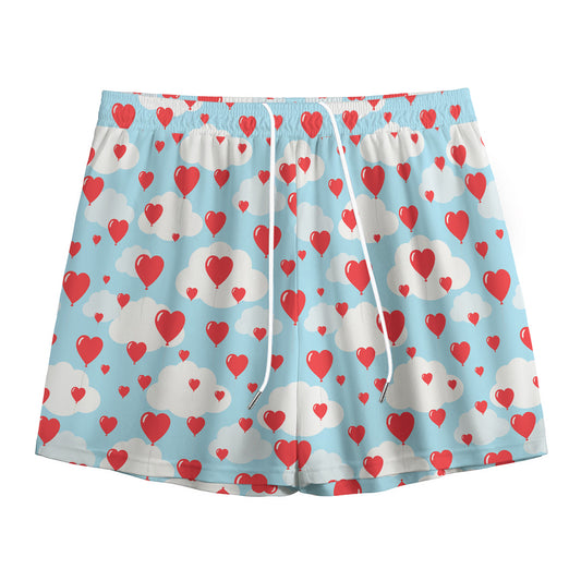 Red Heart Balloon Pattern Print Mesh Shorts