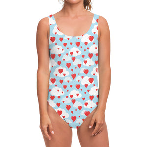 Red Heart Balloon Pattern Print One Piece Swimsuit