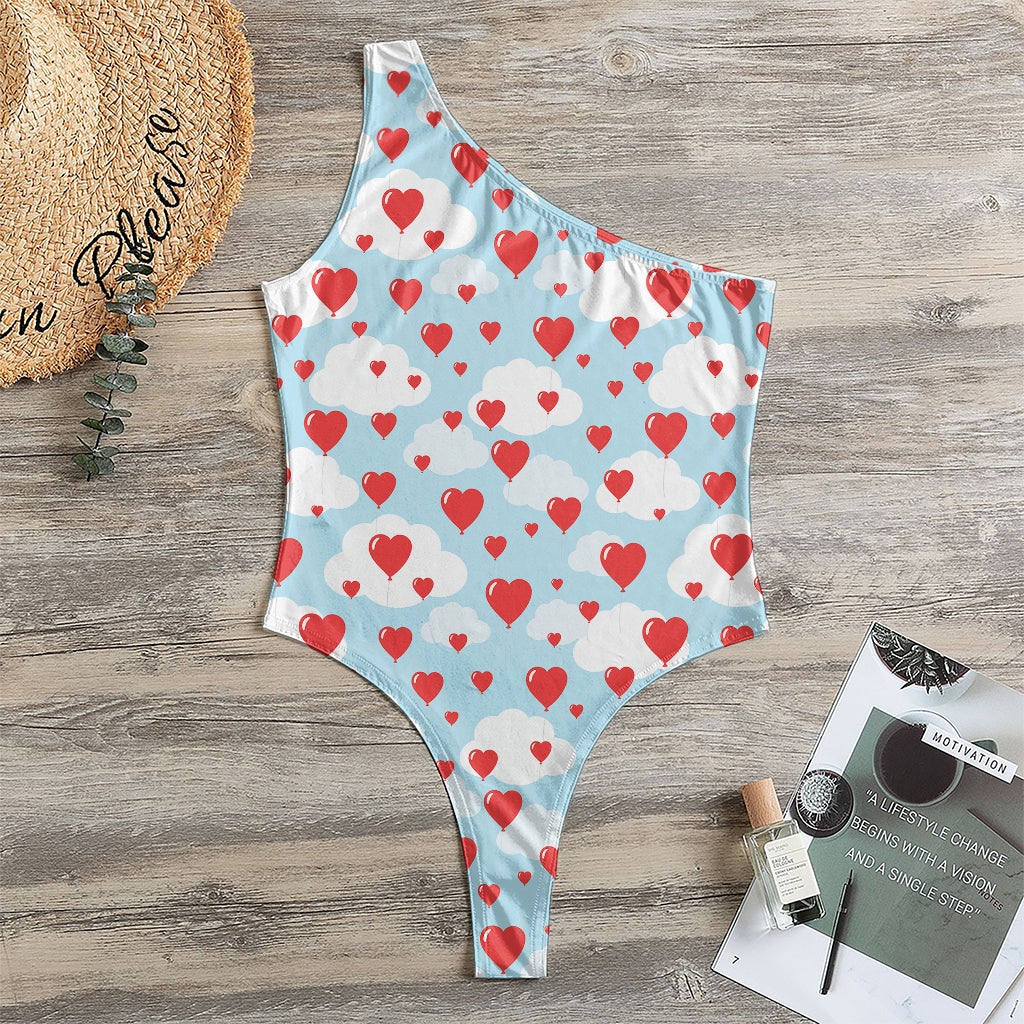 Red Heart Balloon Pattern Print One Shoulder Bodysuit