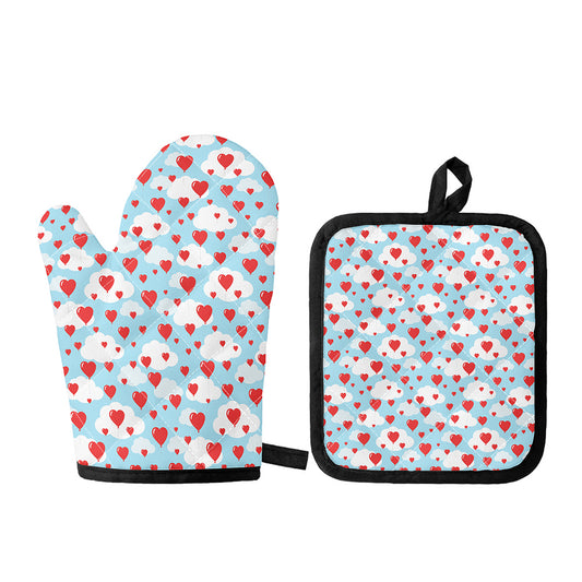 Red Heart Balloon Pattern Print Oven Mitt And Pot Holder Set