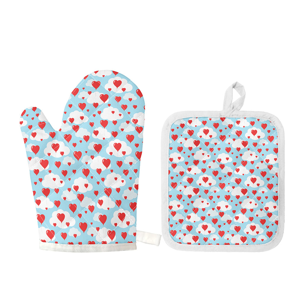 Red Heart Balloon Pattern Print Oven Mitt And Pot Holder Set