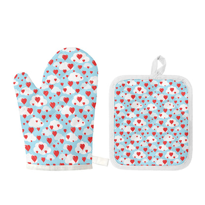 Red Heart Balloon Pattern Print Oven Mitt And Pot Holder Set