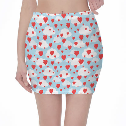 Red Heart Balloon Pattern Print Pencil Mini Skirt