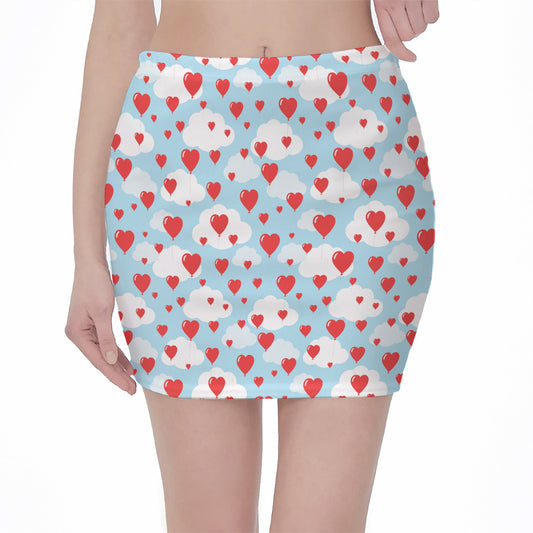 Red Heart Balloon Pattern Print Pencil Mini Skirt