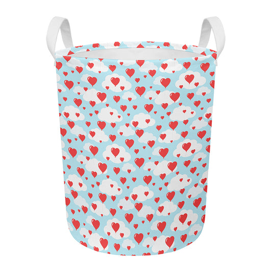 Red Heart Balloon Pattern Print Round Laundry Basket