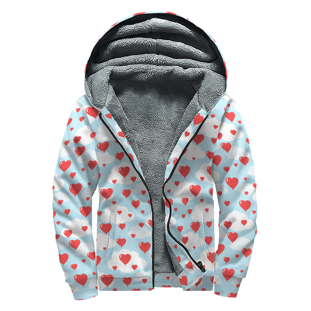 Red Heart Balloon Pattern Print Sherpa Lined Zip Up Hoodie