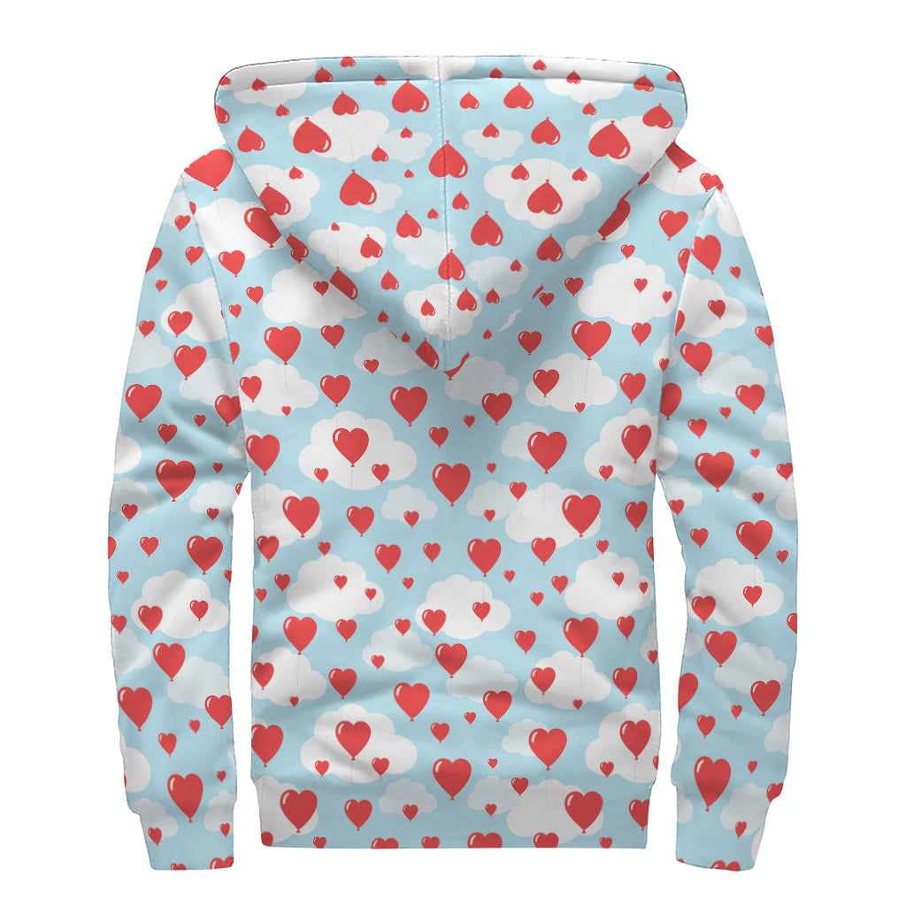 Red Heart Balloon Pattern Print Sherpa Lined Zip Up Hoodie
