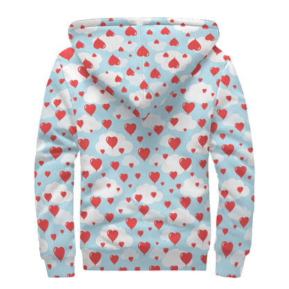 Red Heart Balloon Pattern Print Sherpa Lined Zip Up Hoodie