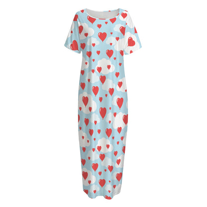 Red Heart Balloon Pattern Print Short Sleeve Long Nightdress