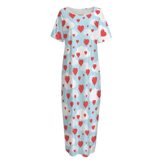 Red Heart Balloon Pattern Print Short Sleeve Long Nightdress