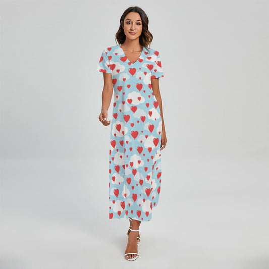 Red Heart Balloon Pattern Print Short Sleeve Maxi Dress