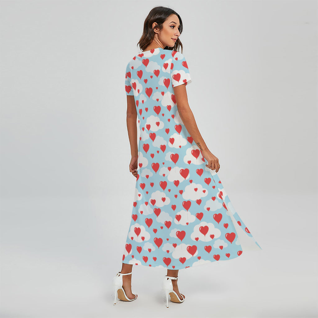 Red Heart Balloon Pattern Print Short Sleeve Maxi Dress