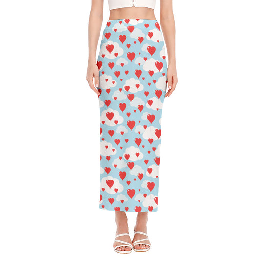 Red Heart Balloon Pattern Print Side Slit Maxi Skirt