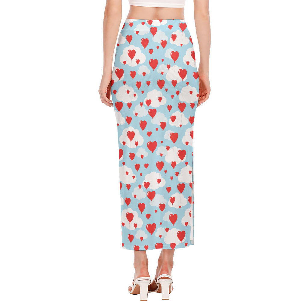 Red Heart Balloon Pattern Print Side Slit Maxi Skirt