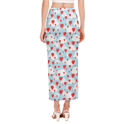 Red Heart Balloon Pattern Print Side Slit Maxi Skirt