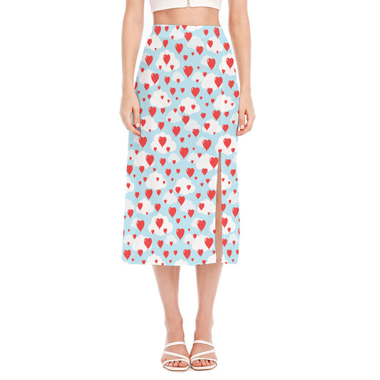 Red Heart Balloon Pattern Print Side Slit Midi Skirt