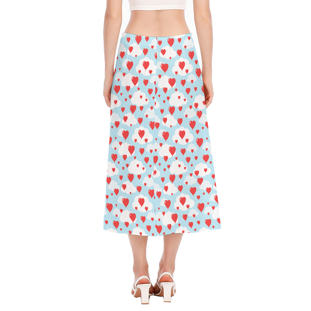 Red Heart Balloon Pattern Print Side Slit Midi Skirt