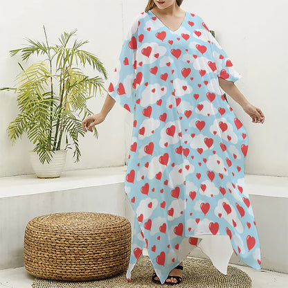 Red Heart Balloon Pattern Print Silk V-Neck Kaftan Dress