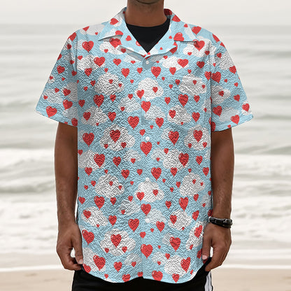 Red Heart Balloon Pattern Print Textured Short Sleeve Shirt