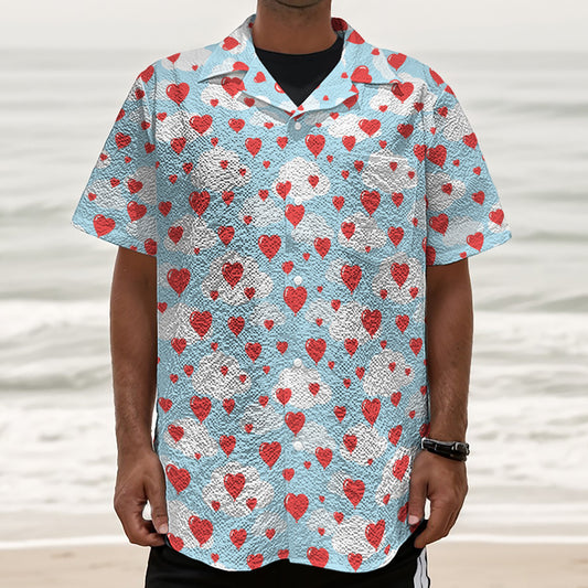 Red Heart Balloon Pattern Print Textured Short Sleeve Shirt