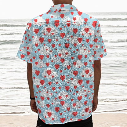 Red Heart Balloon Pattern Print Textured Short Sleeve Shirt